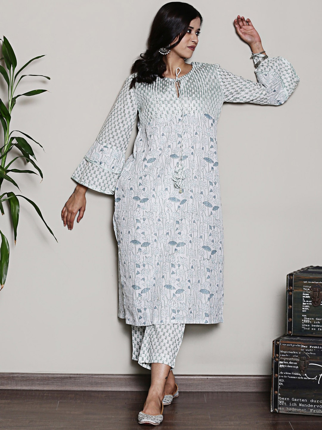 

Spring Soul Floral Printed Regular Pure Cotton Kurta with Trousers, White
