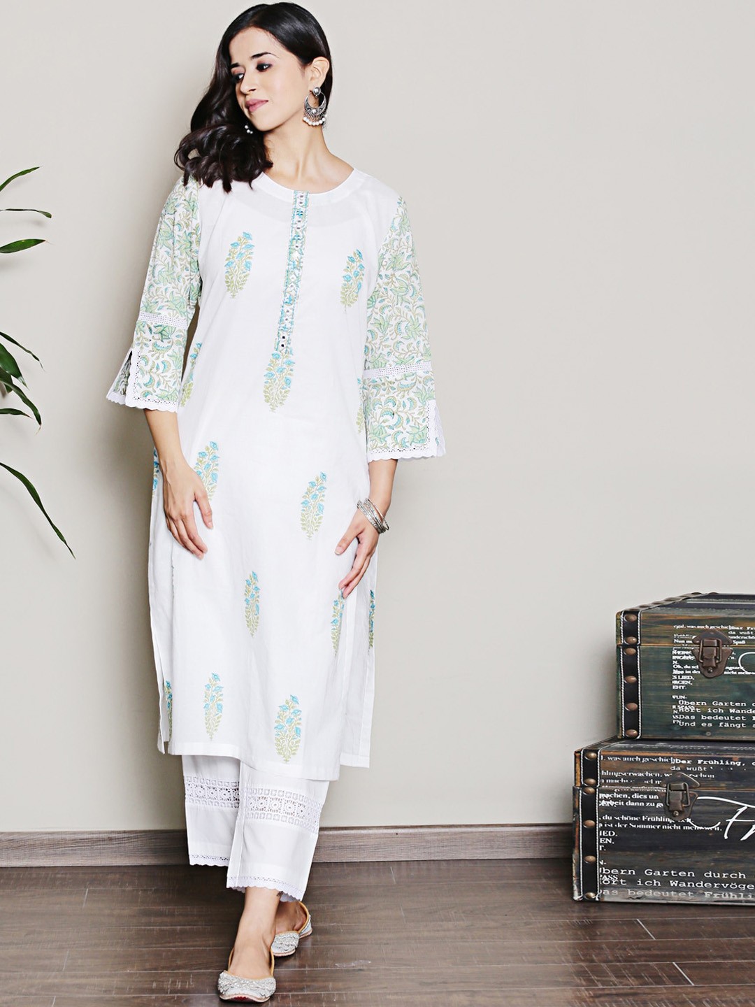 

Spring Soul Floral Printed Regular Pure Cotton Kurta with Trouser, White