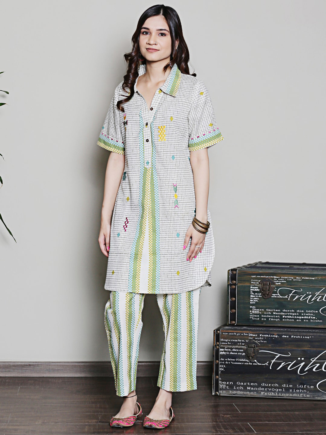 

Spring Soul Regular Thread Work Pure Cotton Kurta with Trouser, Off white