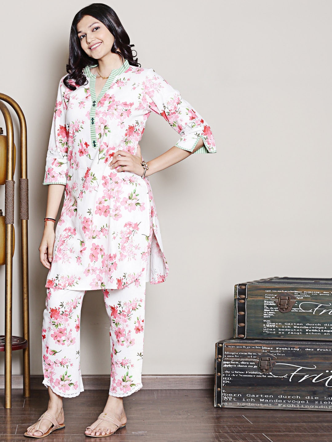 

Spring Soul Floral Printed Regular Linen Kurta with Trousers, White