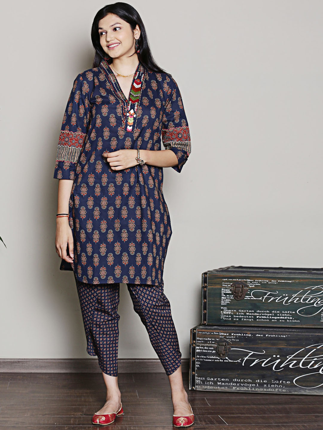 

Spring Soul Ethnic Motifs Printed Regular Thread Work Pure Cotton Kurta with Dhoti Pant, Navy blue