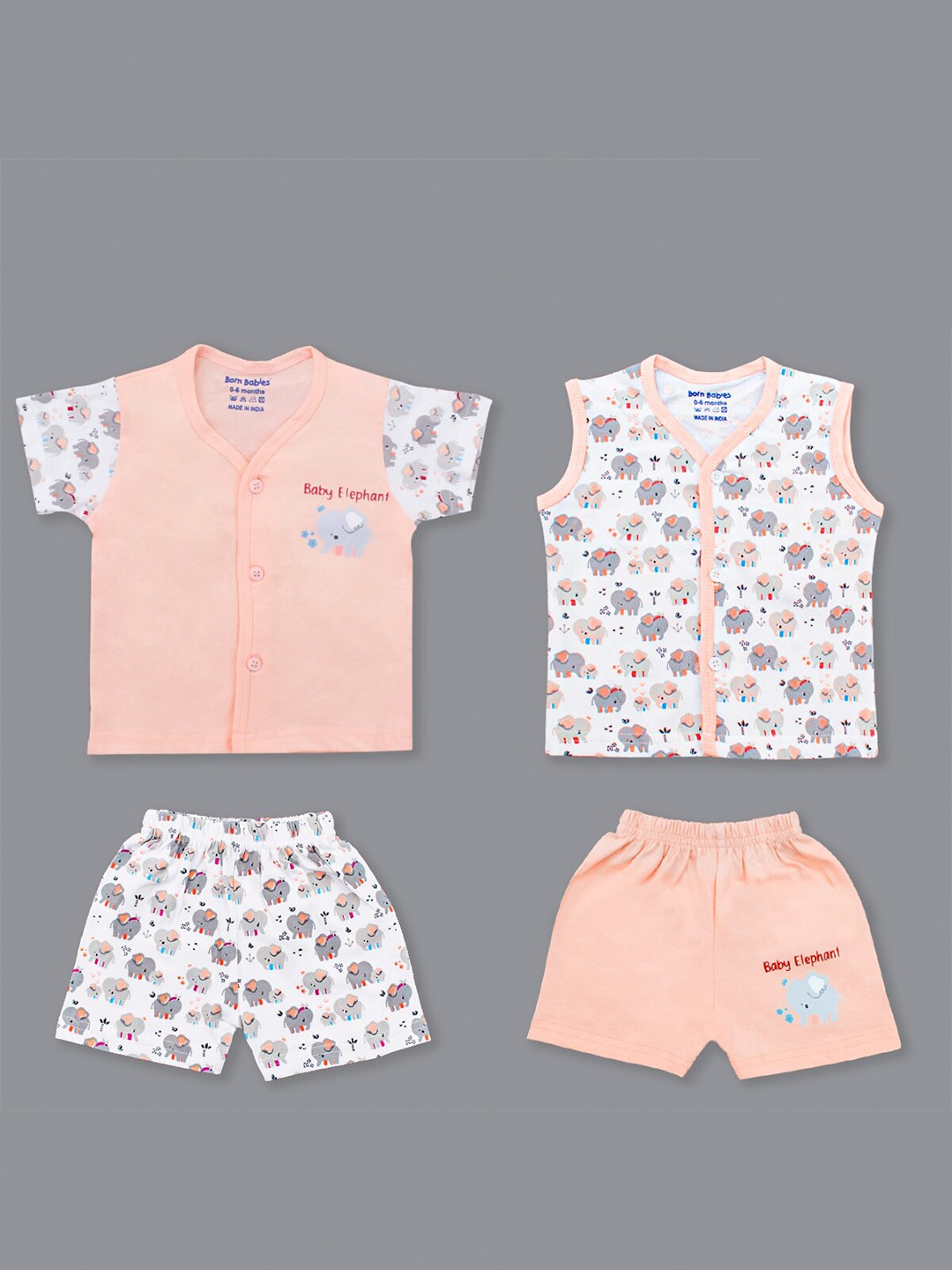 

Born Babies Infant Kids Pack Of 2 Printed Pure Cotton Top With Short, Peach