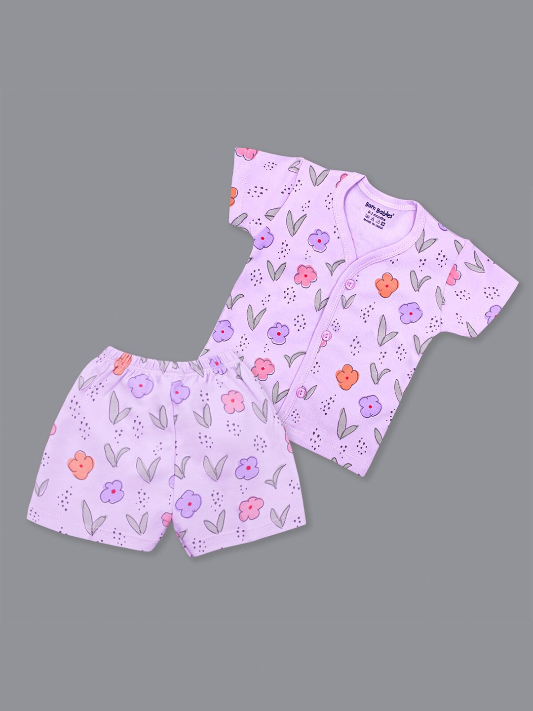 

Born Babies Infants Printed Pure Cotton Top With Short, Purple