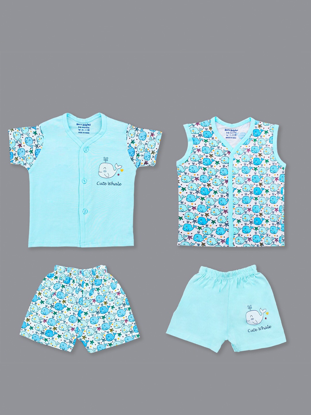 

Born Babies Infants Pack Of 2 Printed Pure Cotton Top With Short, Blue