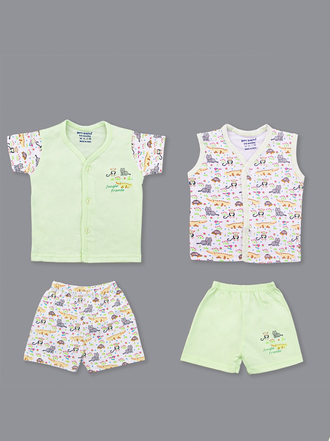 

Born Babies Infants Pack Of 2 Printed Pure Cotton Top With Short, Green