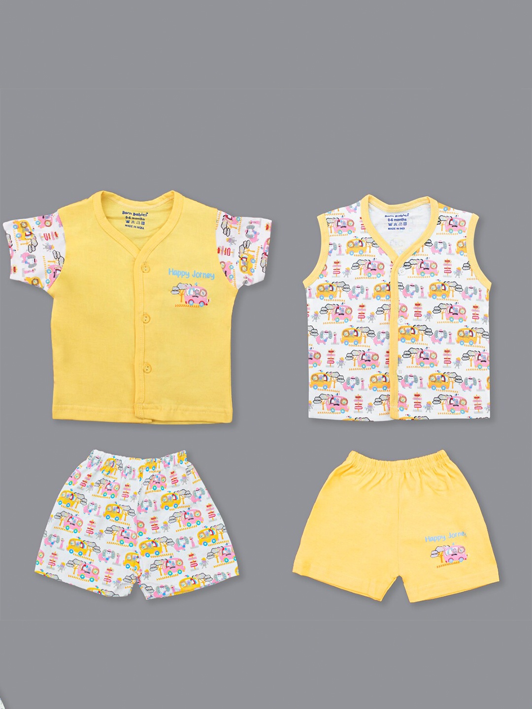 

Born Babies Kids Pack Of 2 Printed Pure Cotton Top With Short, Yellow