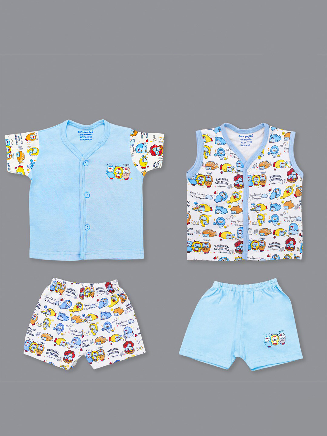 

Born Babies Kids Pack Of 2 Printed Pure Cotton Top With Short, Blue