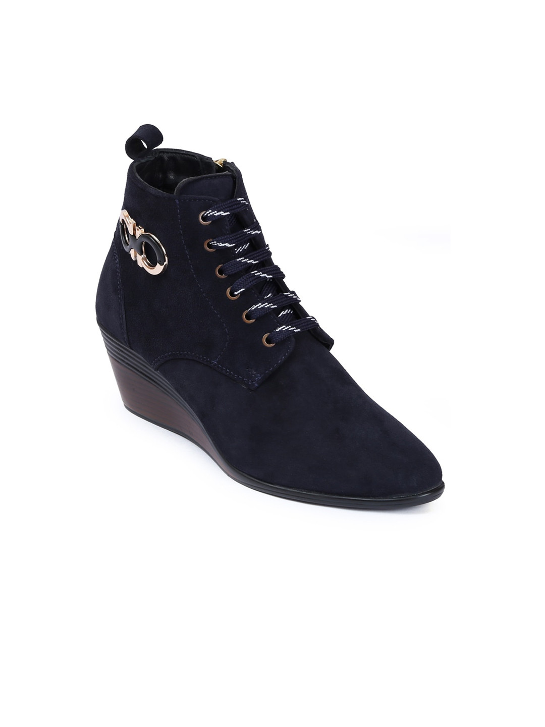 

Zoom Shoes Women Round Toe Wedge Heeled Leather Regular Boots, Navy blue