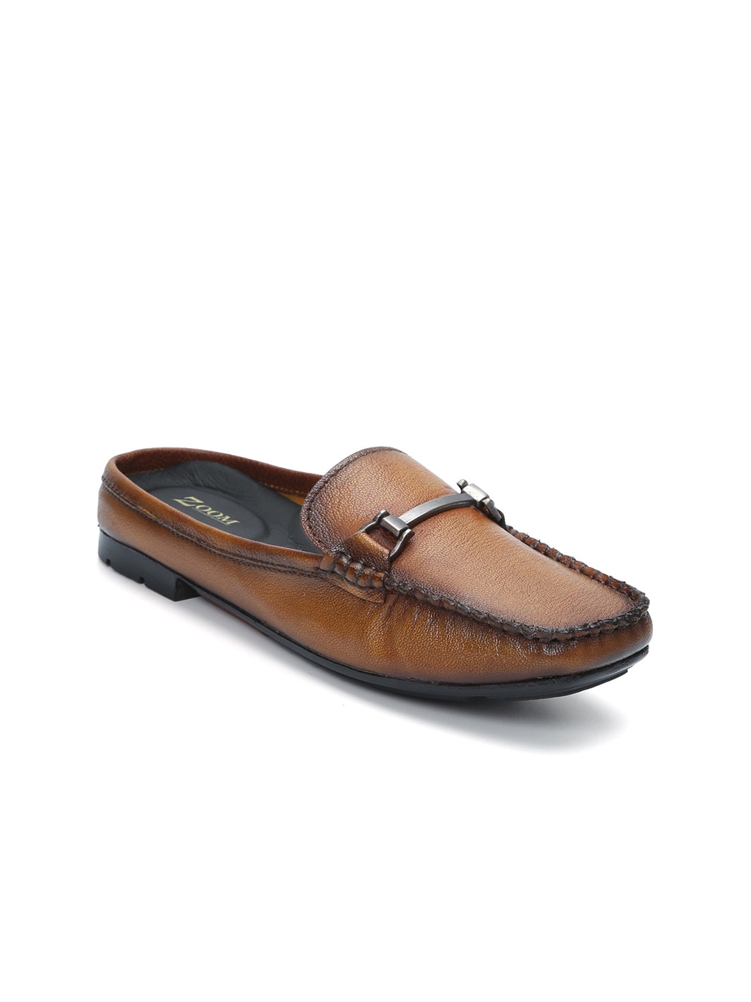 

Zoom Shoes Women Textured Buckle Detailed Leather Lightweight Mules, Tan