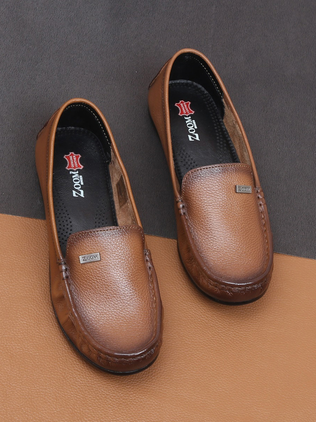 

Zoom Shoes Women Round Toe Lightweight Leather Loafers, Tan