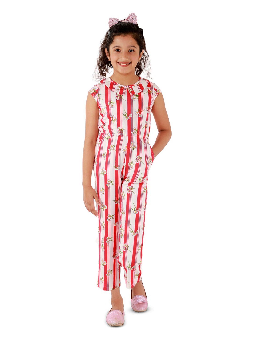

Kids Cave Girls Striped Printed Basic Jumpsuit, Multi
