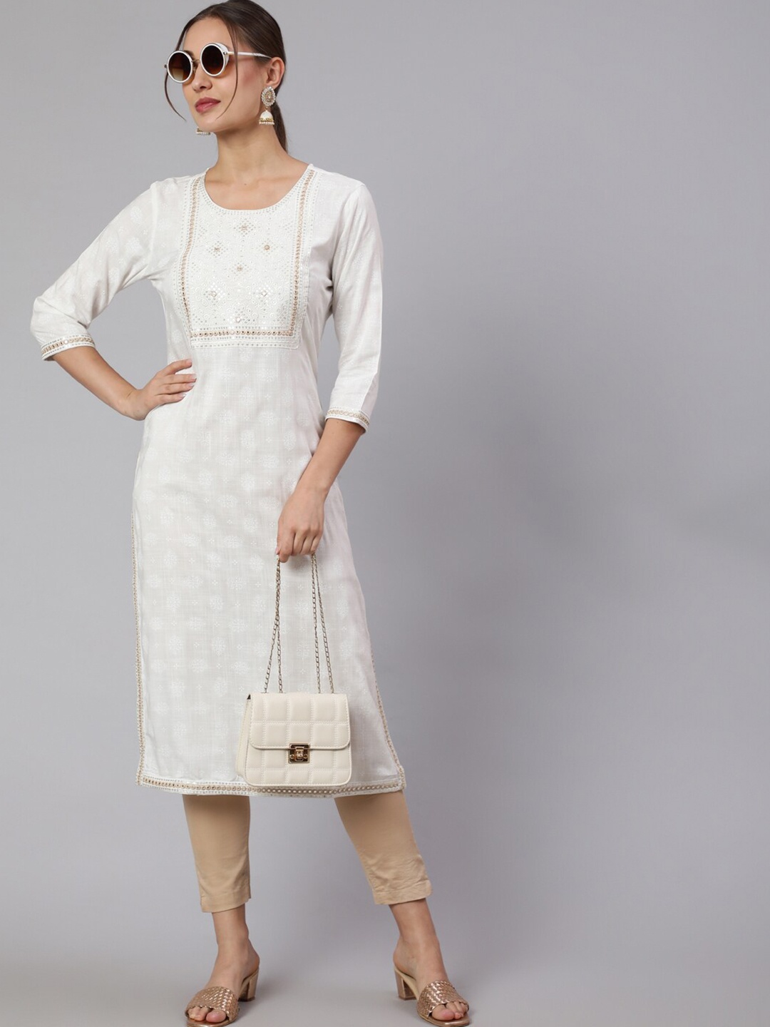 

STYLE ANGEL Ethnic Motifs Printed Three-Quarter Sleeves Round Neck Mirror Work Kurta, White