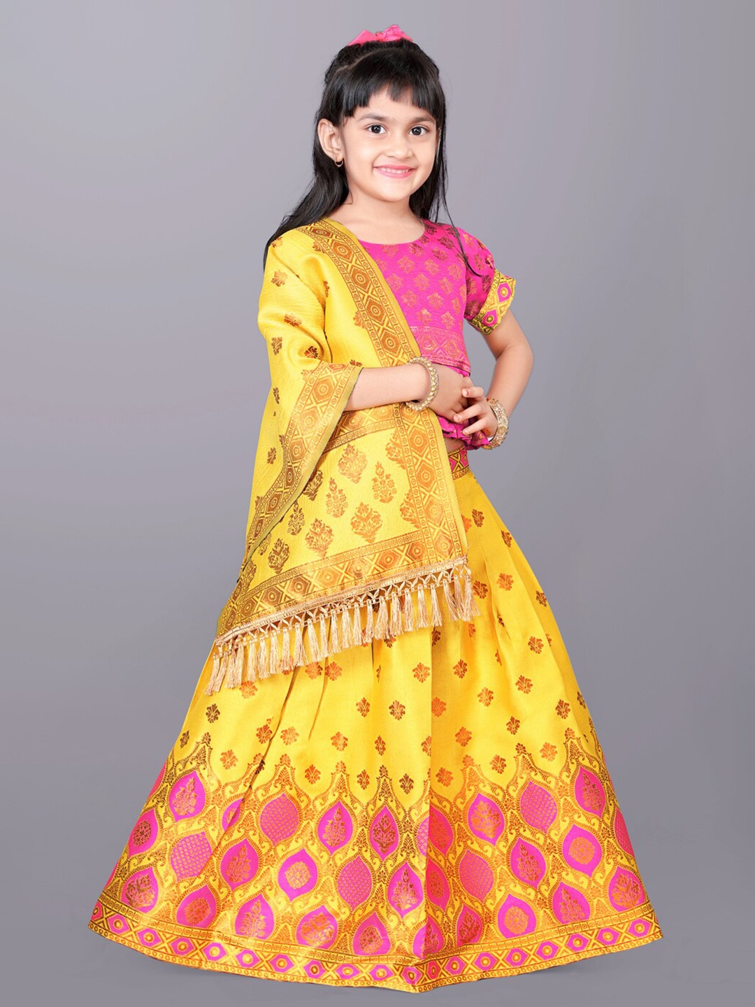 

BAESD Girls Ethnic Motifs Woven Design Zari Ready to Wear Lehenga & Blouse With Dupatta, Yellow