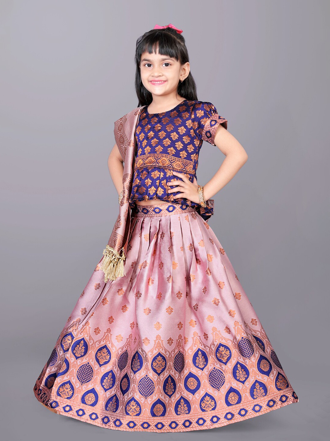 

BAESD Girls Ethnic Motifs Woven Design Zari Ready to Wear Lehenga & Blouse With Dupatta, Pink