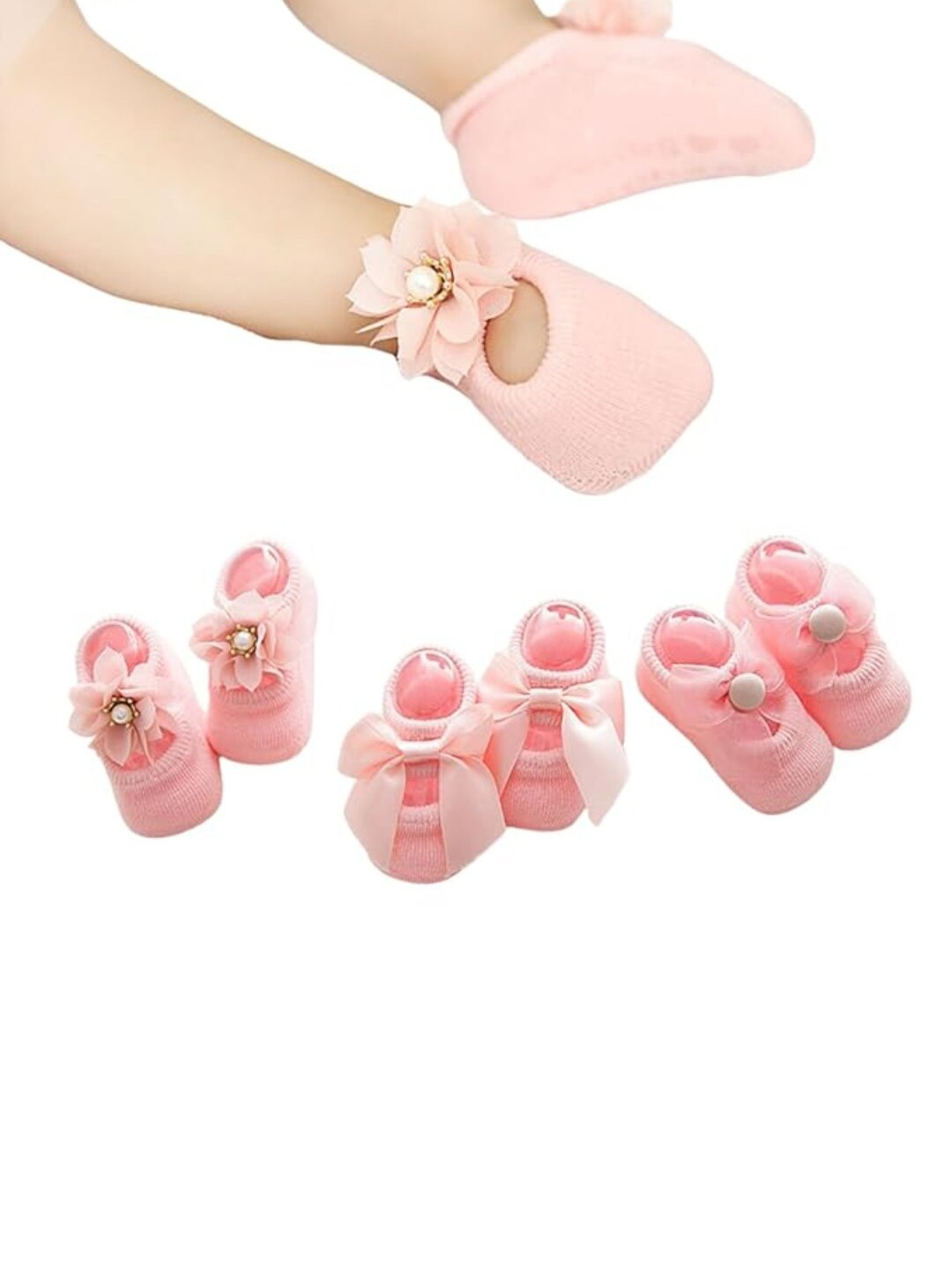 

GUCHIGU Kids Pack Of 3 Anti-Slip Breathable Cotton Ankle Length Socks, Pink