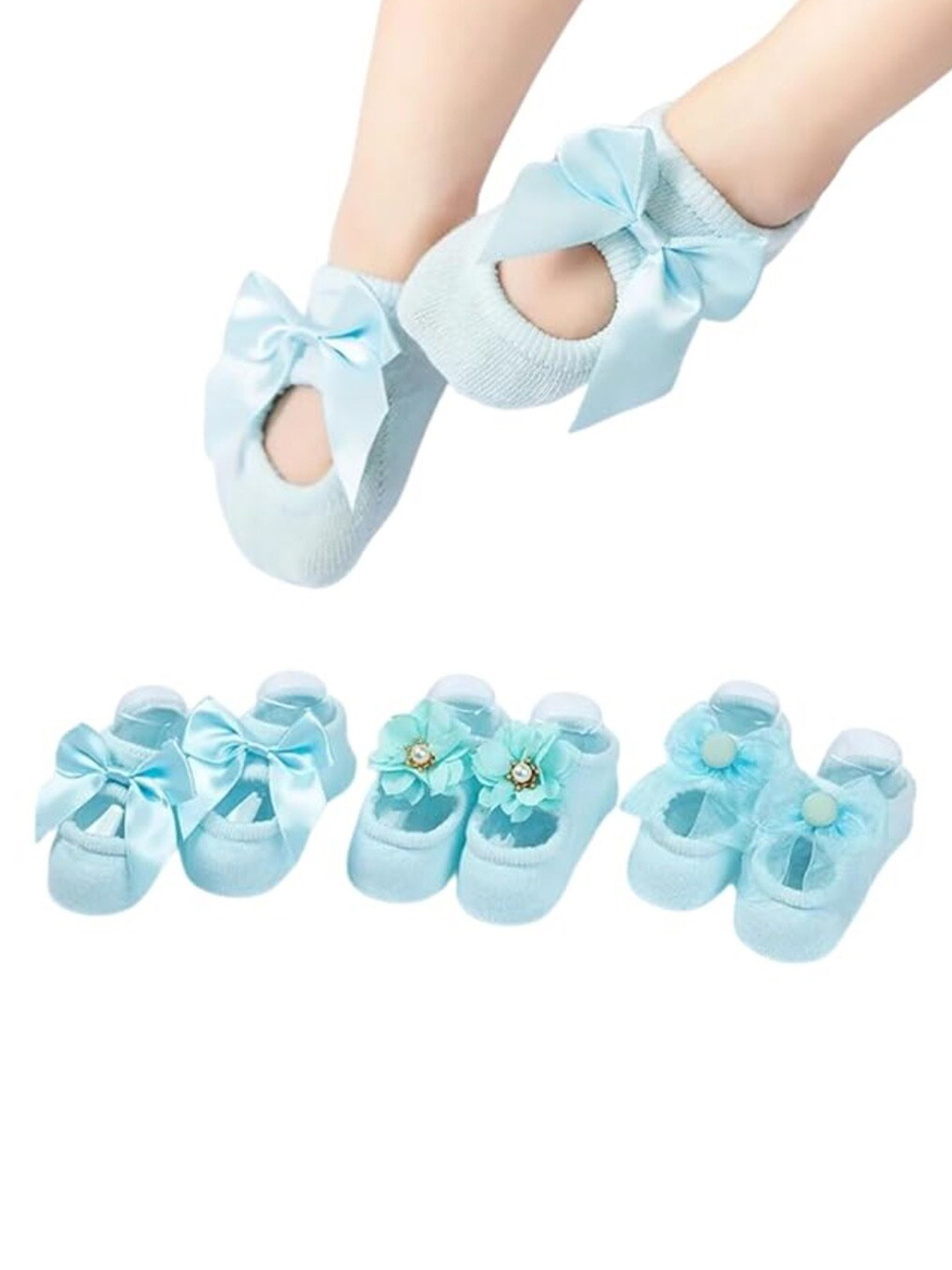 

GUCHIGU Kids Pack Of 3 Anti-Slip Breathable Cotton Ankle Length Socks, Blue