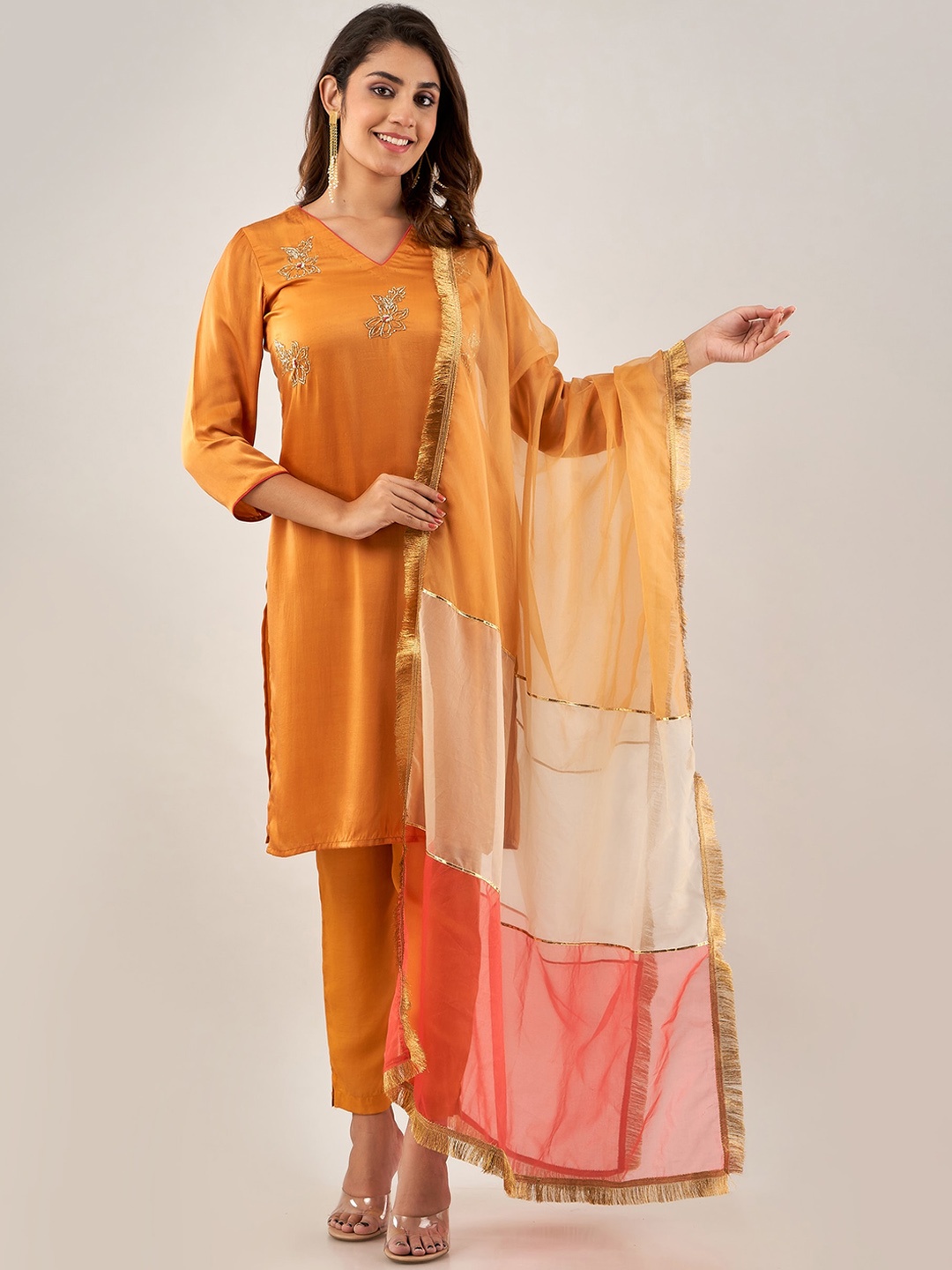 

HERE&NOW Ethnic Motifs Regular Beads and Stones Straight Kurti with Trousers & Dupatta, Mustard