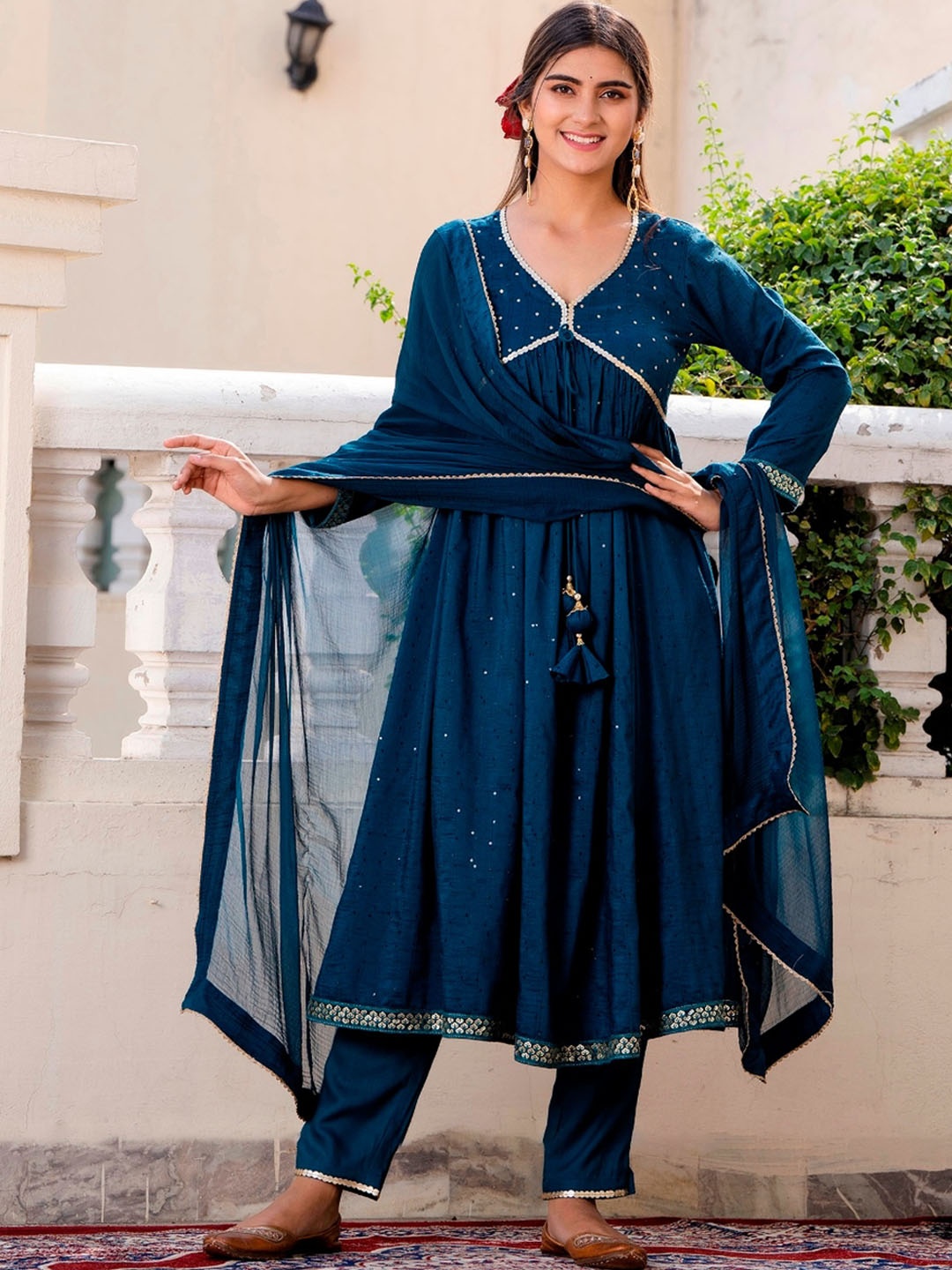 

HERE&NOW Embroidered Pleated Sequins Chanderi Silk Anarkali Kurta with Trousers & Dupatta, Teal