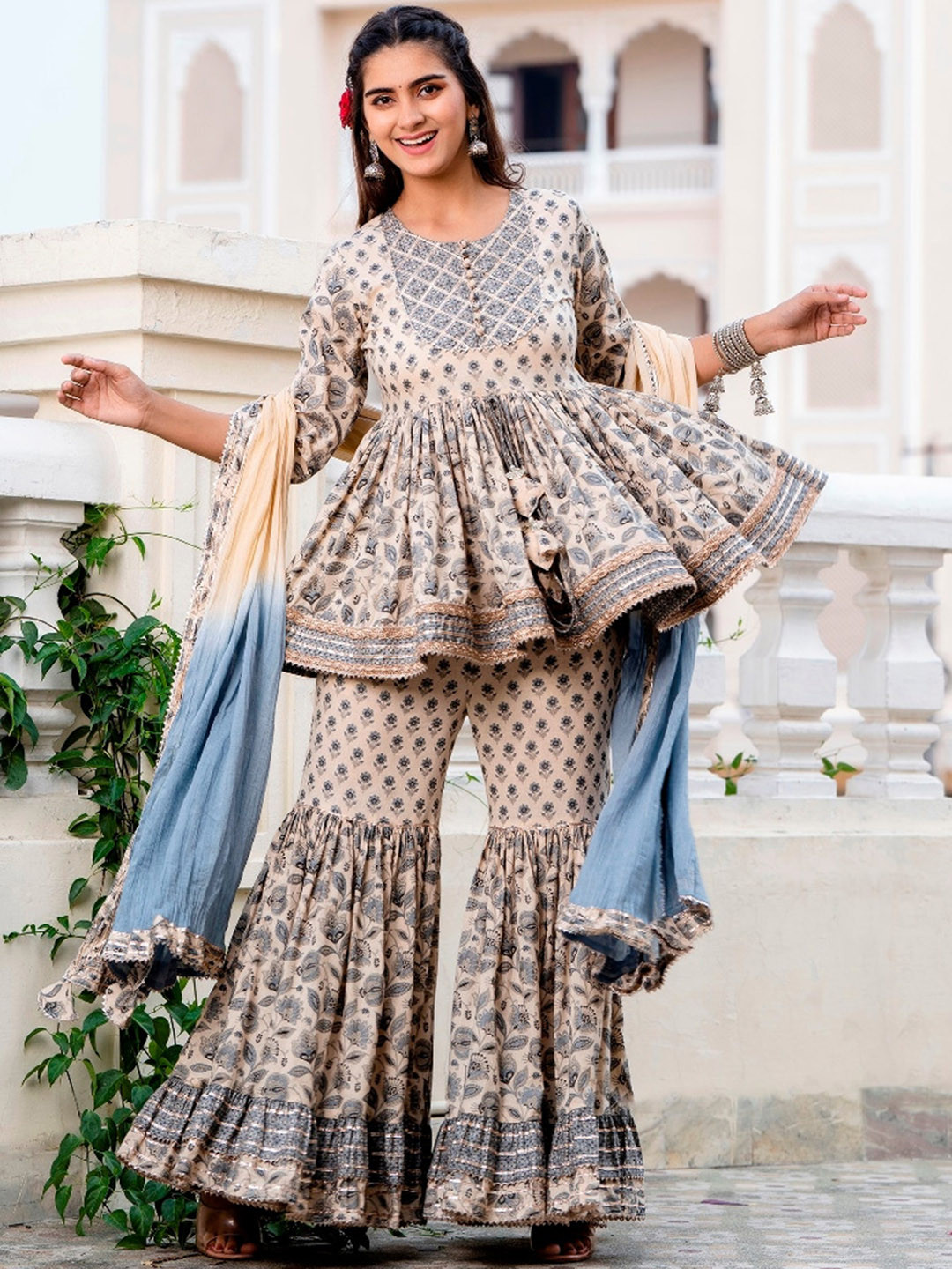 

HERE&NOW Floral Printed Pleated Round Neck Anarkali Kurta with Sharara & Dupatta, Beige