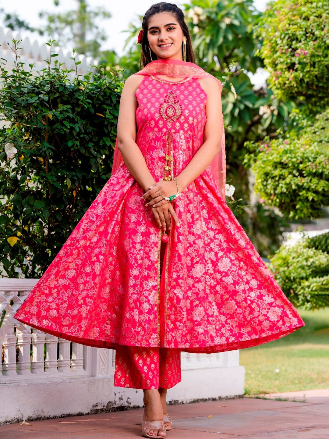 

HERE&NOW Floral Printed Panelled Pure Cotton Anarkali Kurta With Trousers & Dupatta, Pink