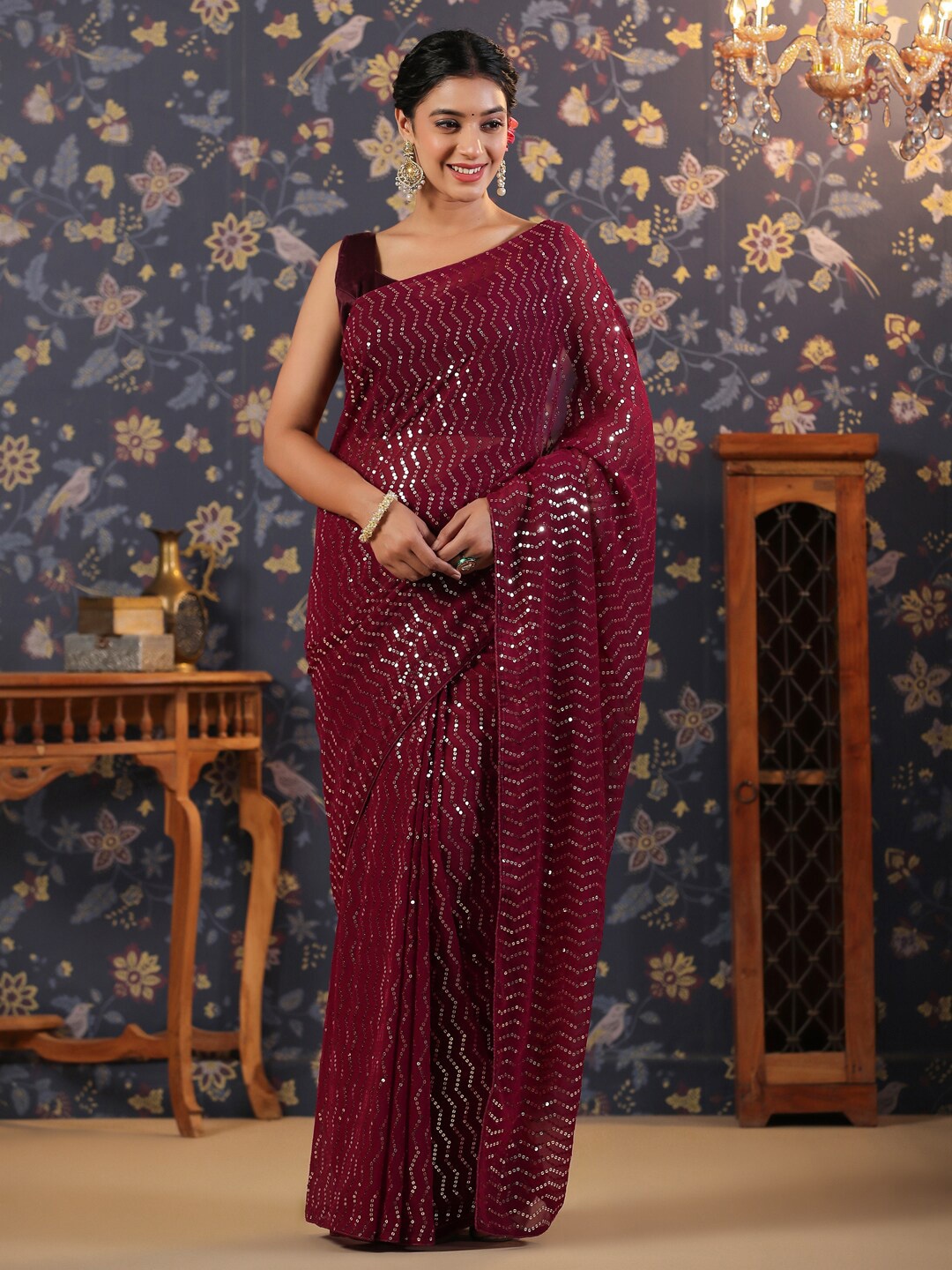 

House of Pataudi Sequence Embellished Saree With Blouse, Maroon