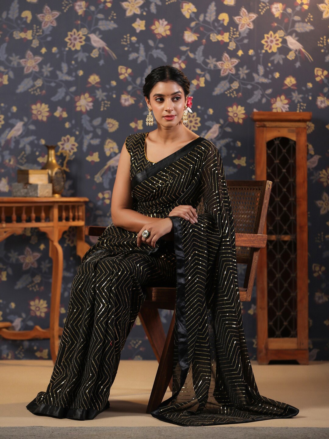 

House of Pataudi Sequence Embellished Saree With Blouse, Black