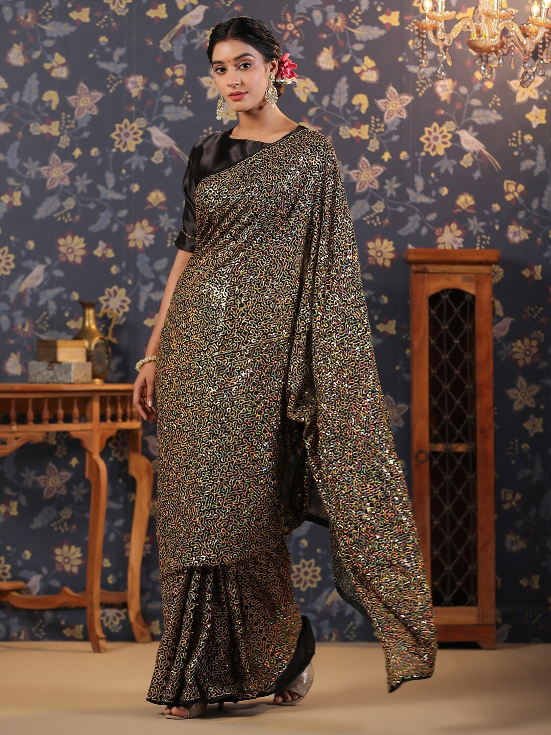 

House of Pataudi Sequined Georgette Sarees, Black