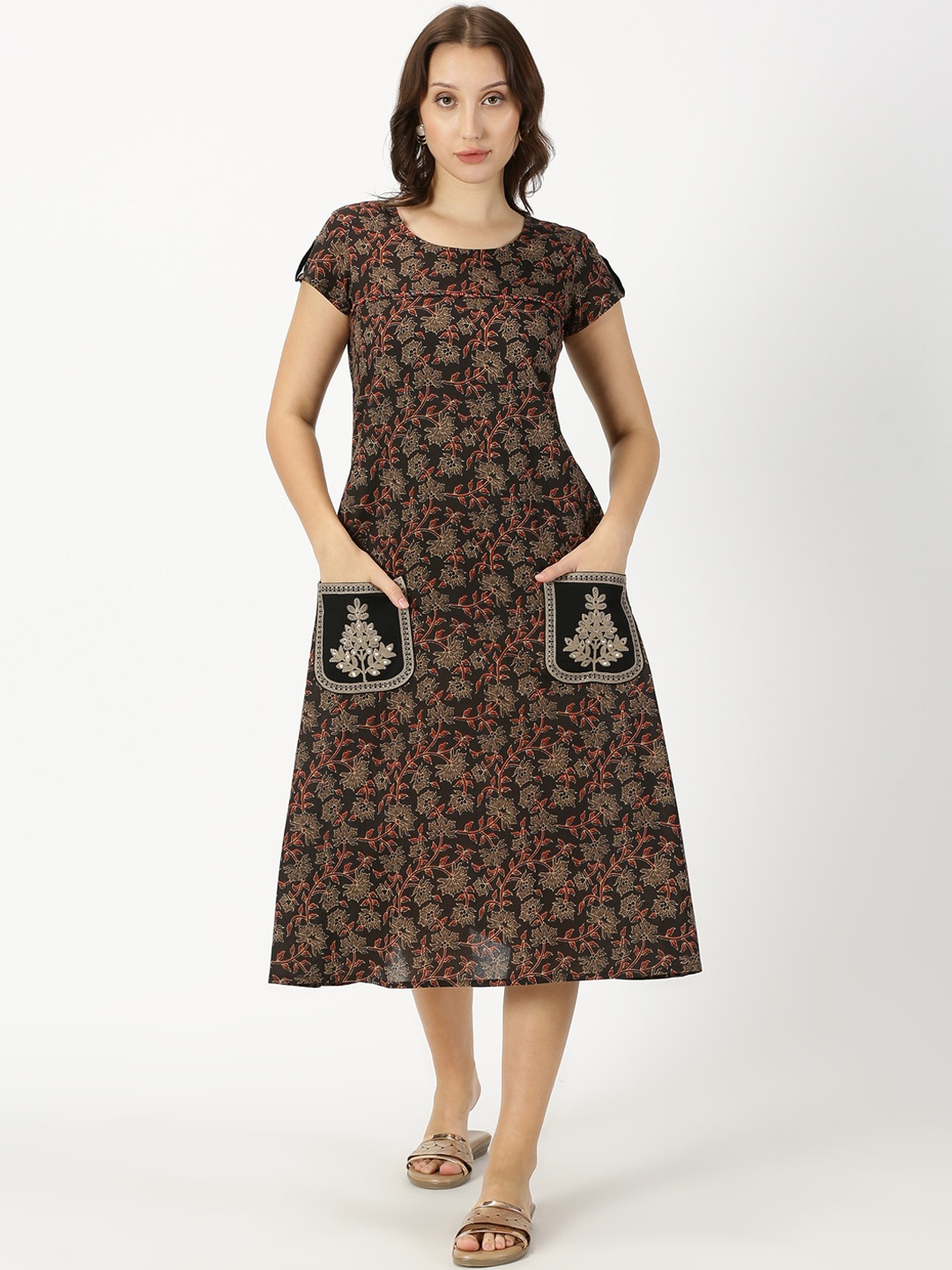 

Saffron Threads Floral Print Embroidered Pure Cotton A-Line Midi Dress, Black