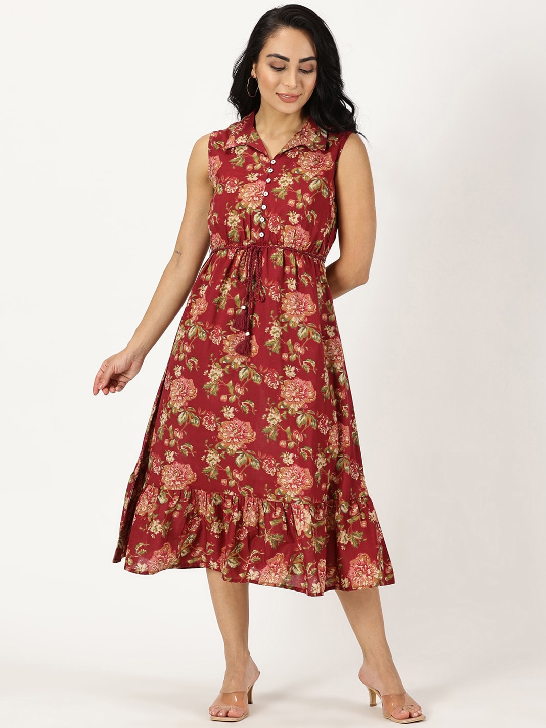 

Saffron Threads Floral Printed Pure Cotton Fit and Flare Midi Ethnic Dress With Waist Belt, Maroon