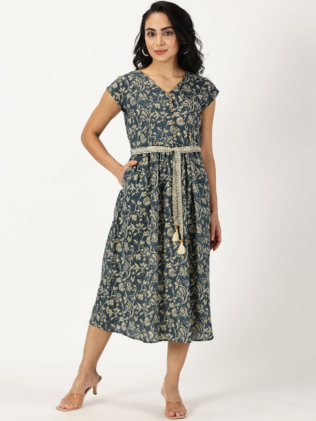 

Saffron Threads Floral Print Pure Cotton Fit & Flare Midi Dress with Crochet Belt, Blue