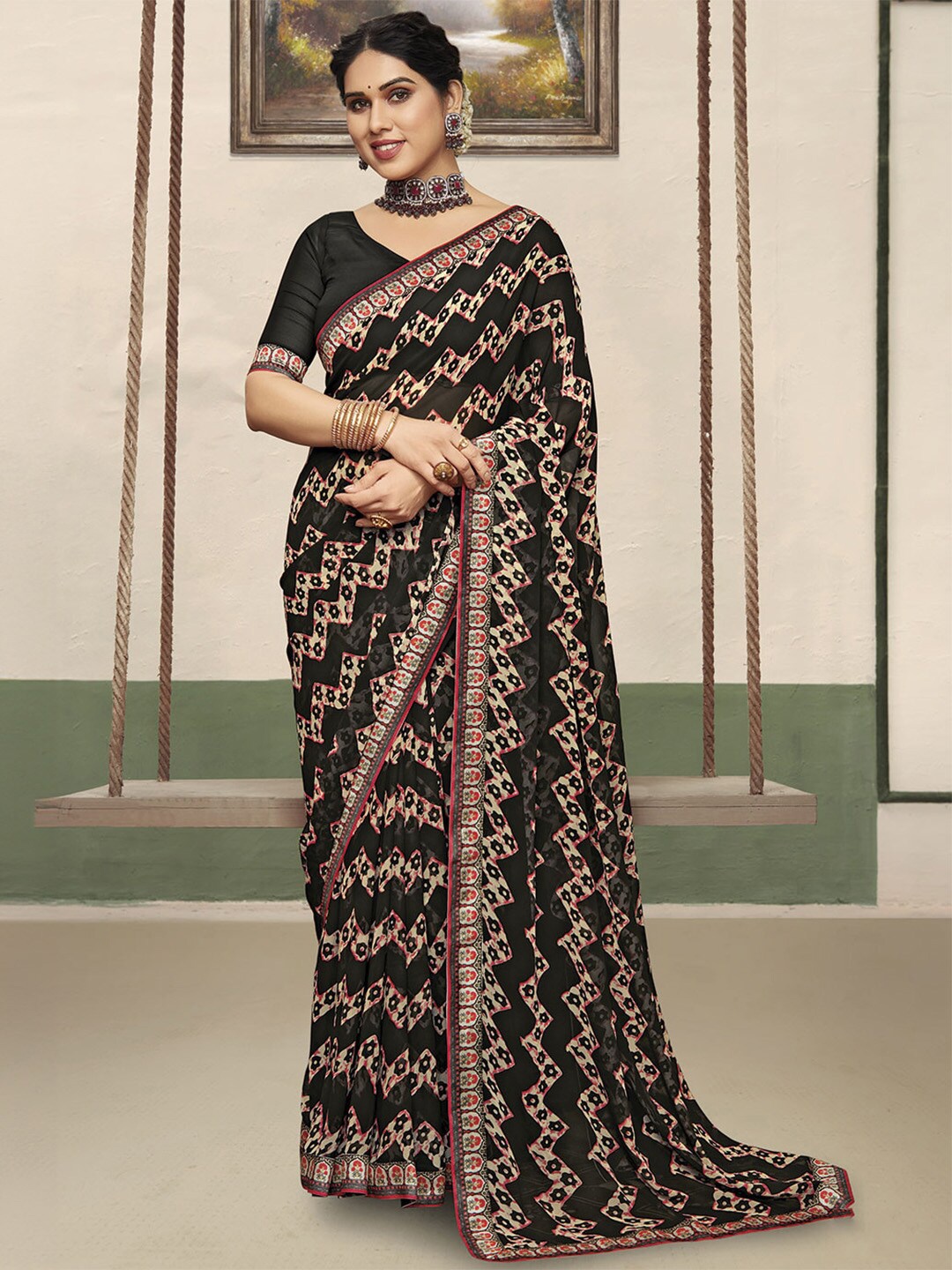 

Ishin Geometric Poly Georgette Saree, Black