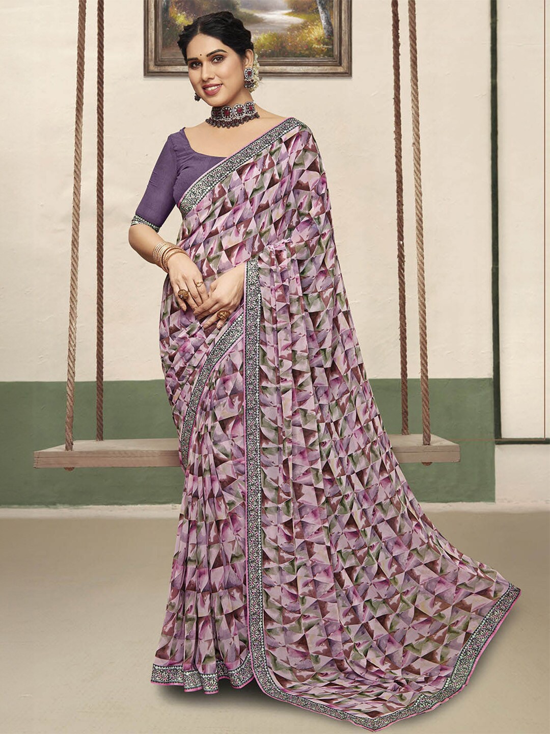 

Ishin Geometric print Poly Georgette Saree, Violet