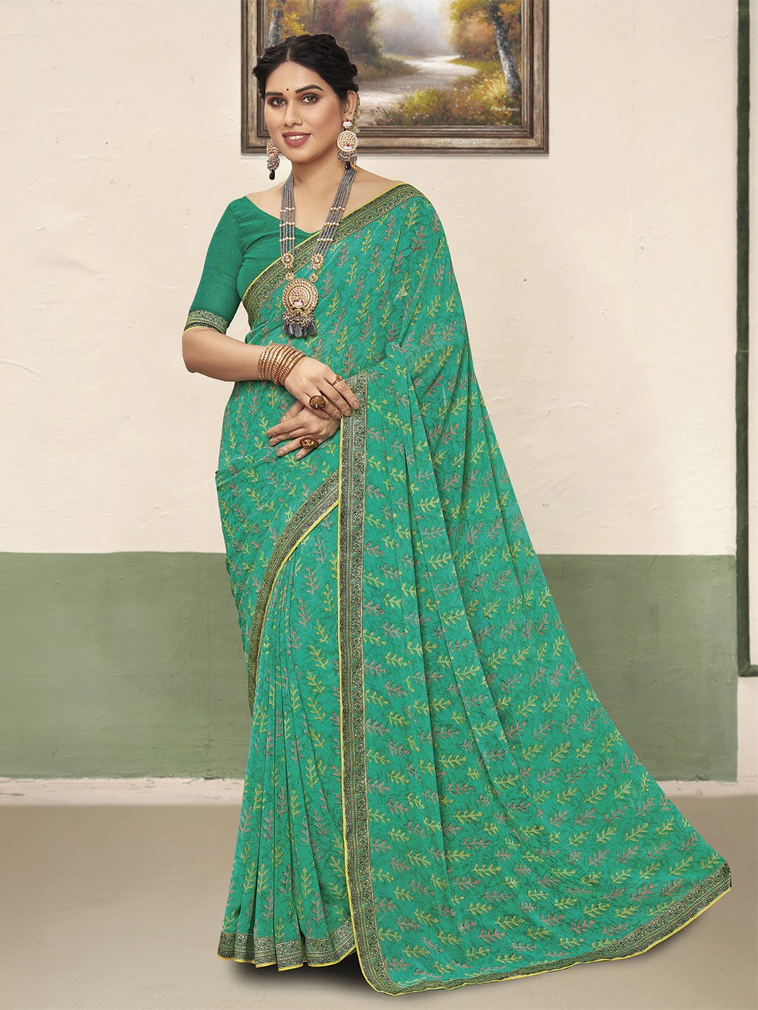 

Ishin Printed Floral Georgette Saree, Green