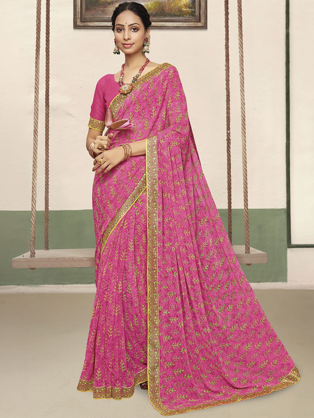 

Ishin Floral Embroidered Poly Georgette Saree, Pink