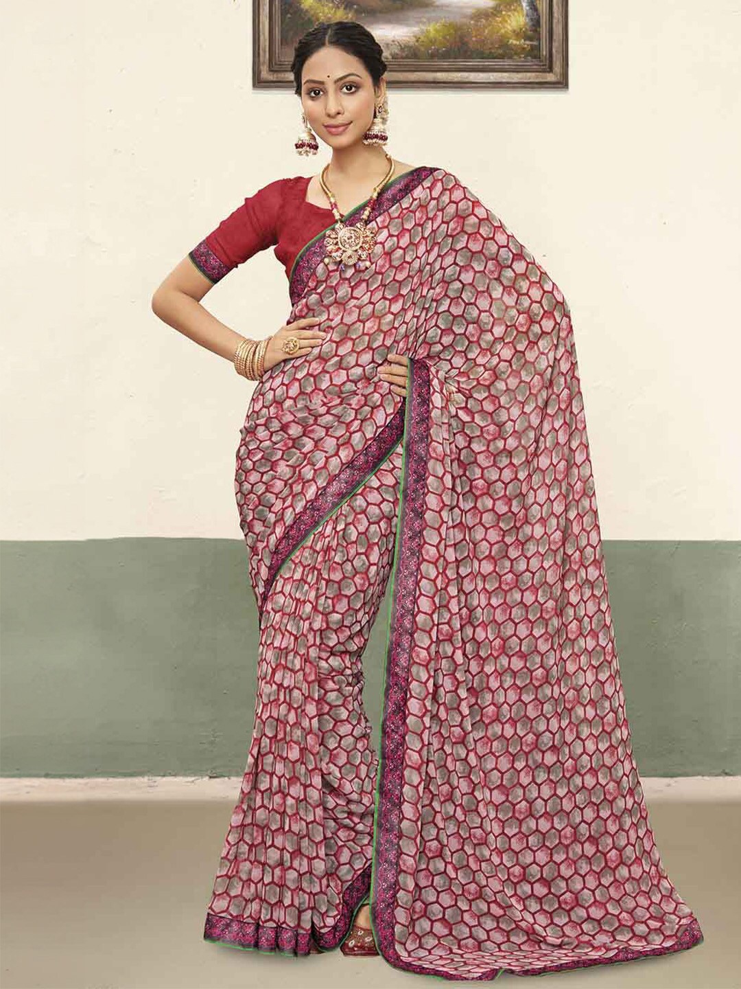 

Ishin Geometric Printed Saree With Blouse Piece, Burgundy