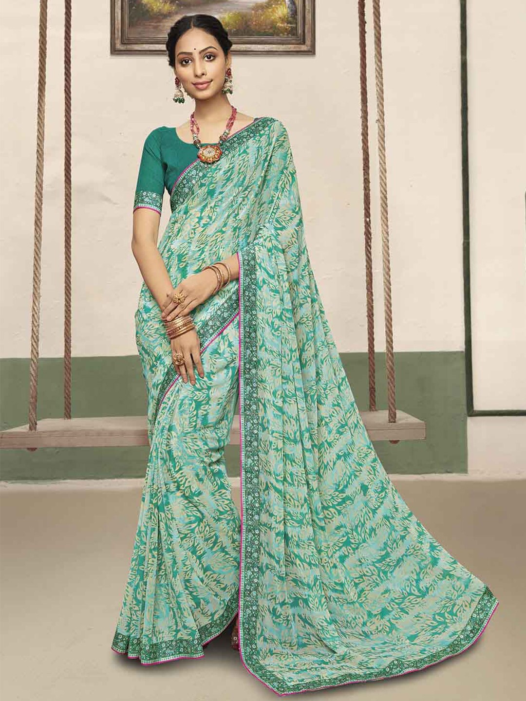

Ishin Floral Poly Georgette Saree, Sea green