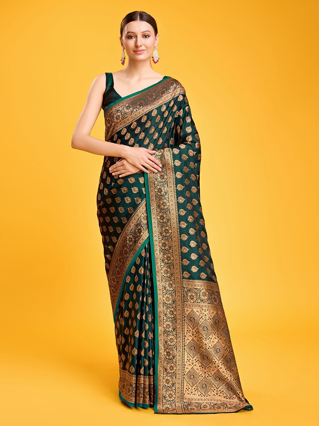 

MONJOLIKA FASHION Woven Design Zari Silk Blend Banarasi Saree, Teal