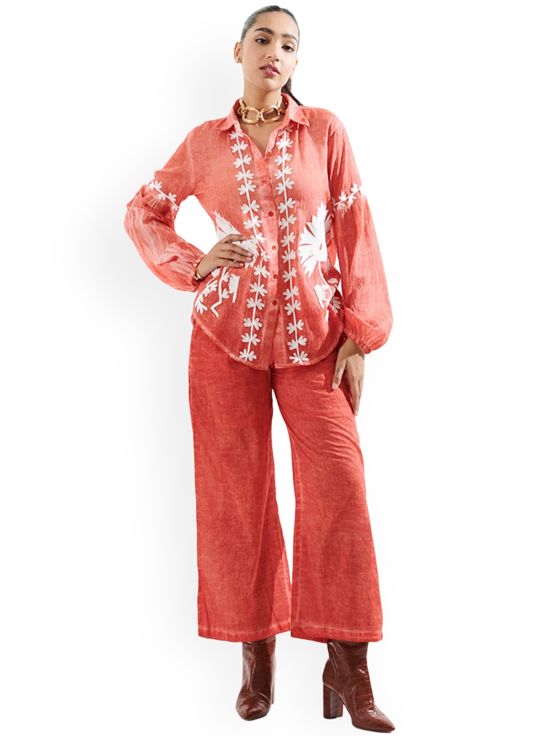 

CIN CIN Kashida Embroidered Pure Cotton Shirt With Trouser Co-Ords, Coral