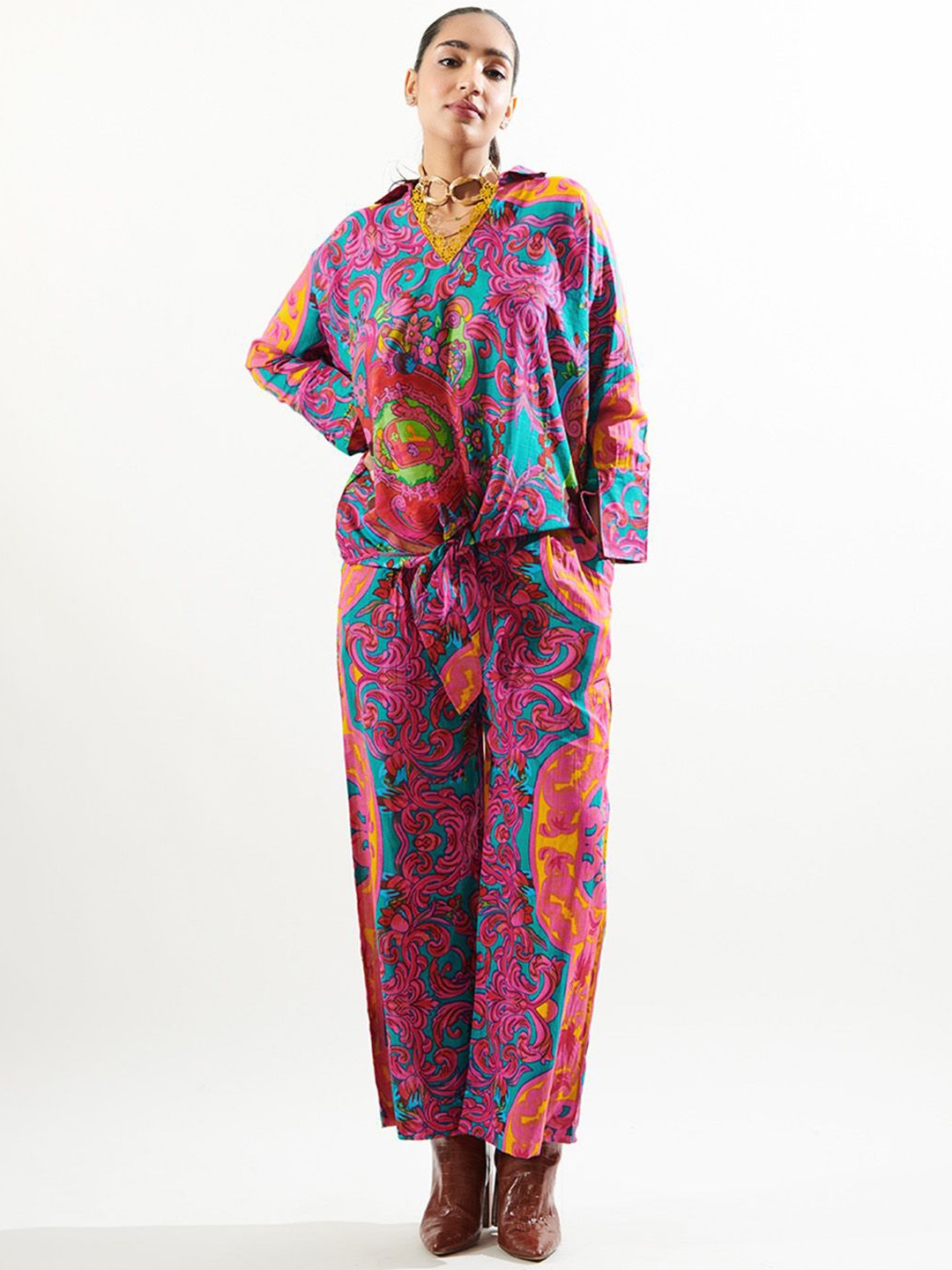 

CIN CIN Floral Printed Tie-Up Pure Cotton Top With Trouser Co-Ords, Magenta