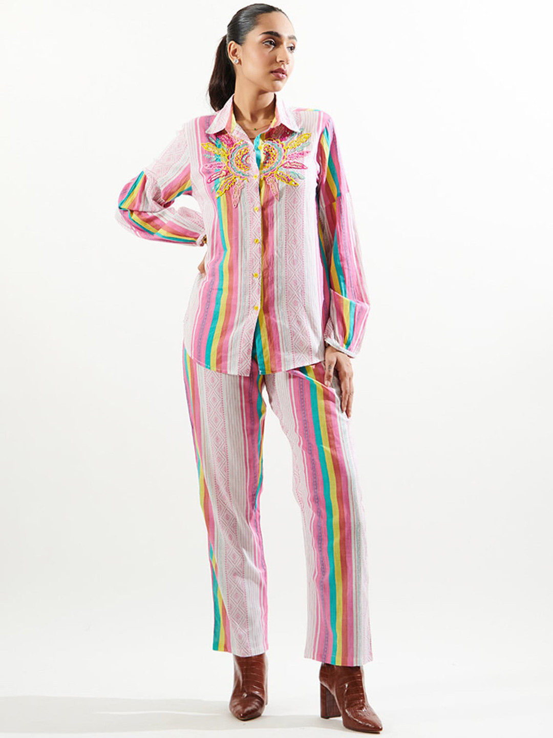 

CIN CIN Geometric Printed Pure Cotton Shirt With Trouser Co-Ords, Pink