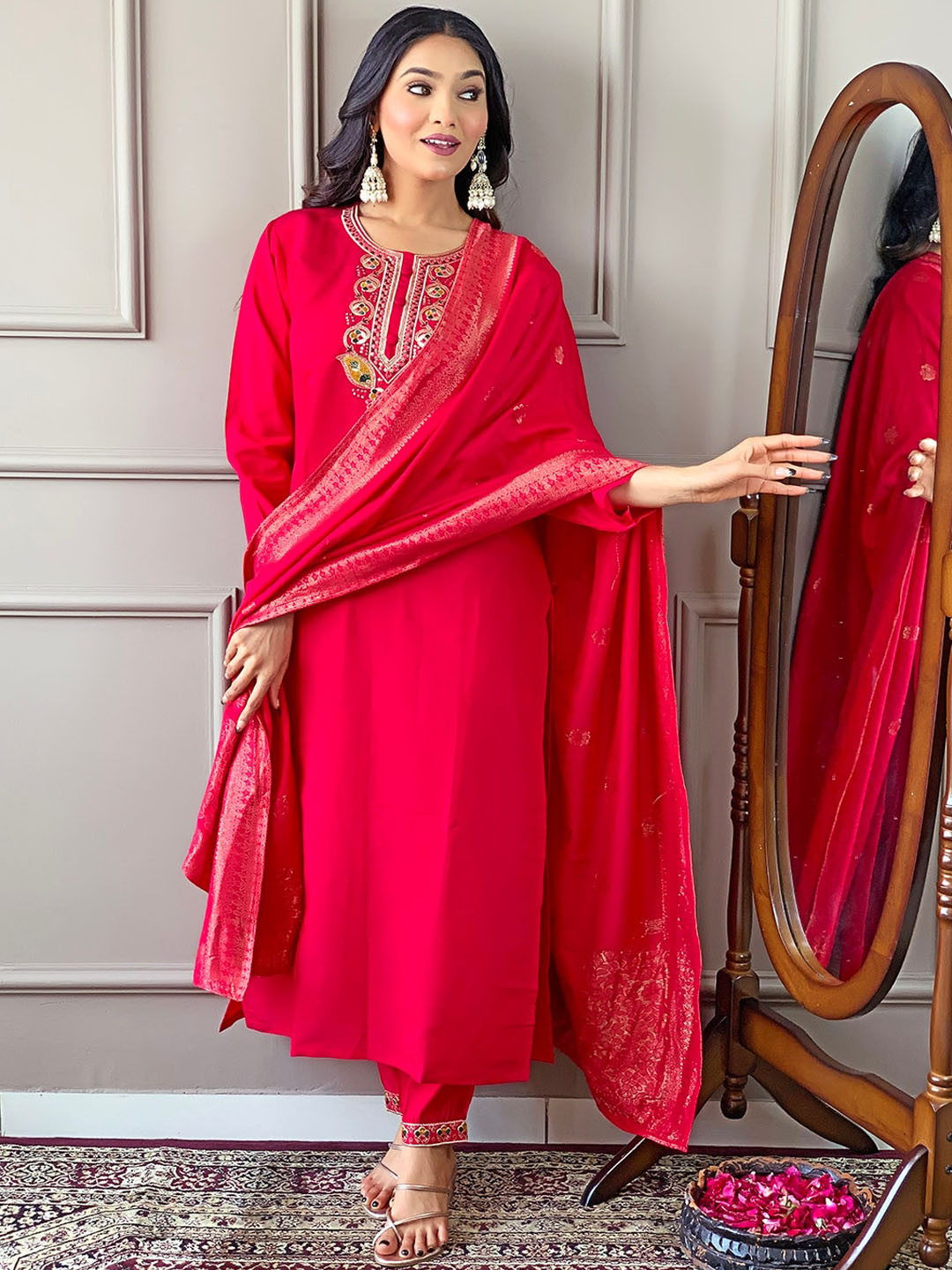

KALINI Ethnic Motifs Embroidered Straight Kurta With Trousers & Dupatta, Pink