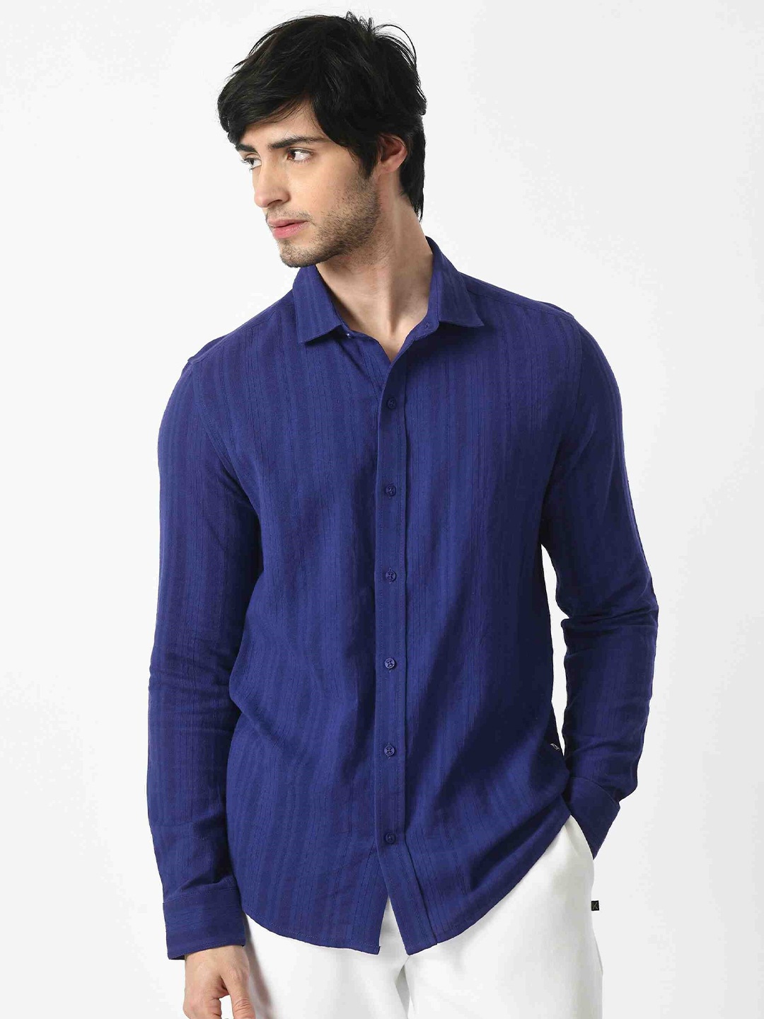 

KISSOSS Men Slim Fit Opaque Striped Casual Shirt, Purple