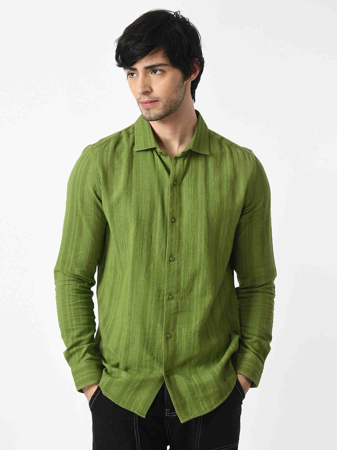 

KISSOSS Men Slim Fit Opaque Casual Cotton Shirt, Green