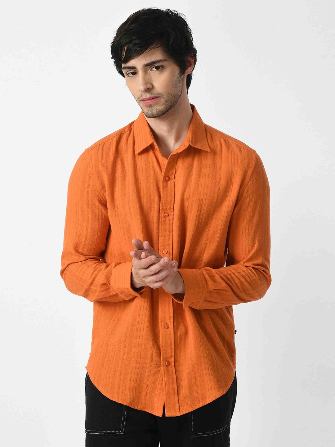 

KISSOSS Men Slim Fit Opaque Casual Cotton Shirt, Orange