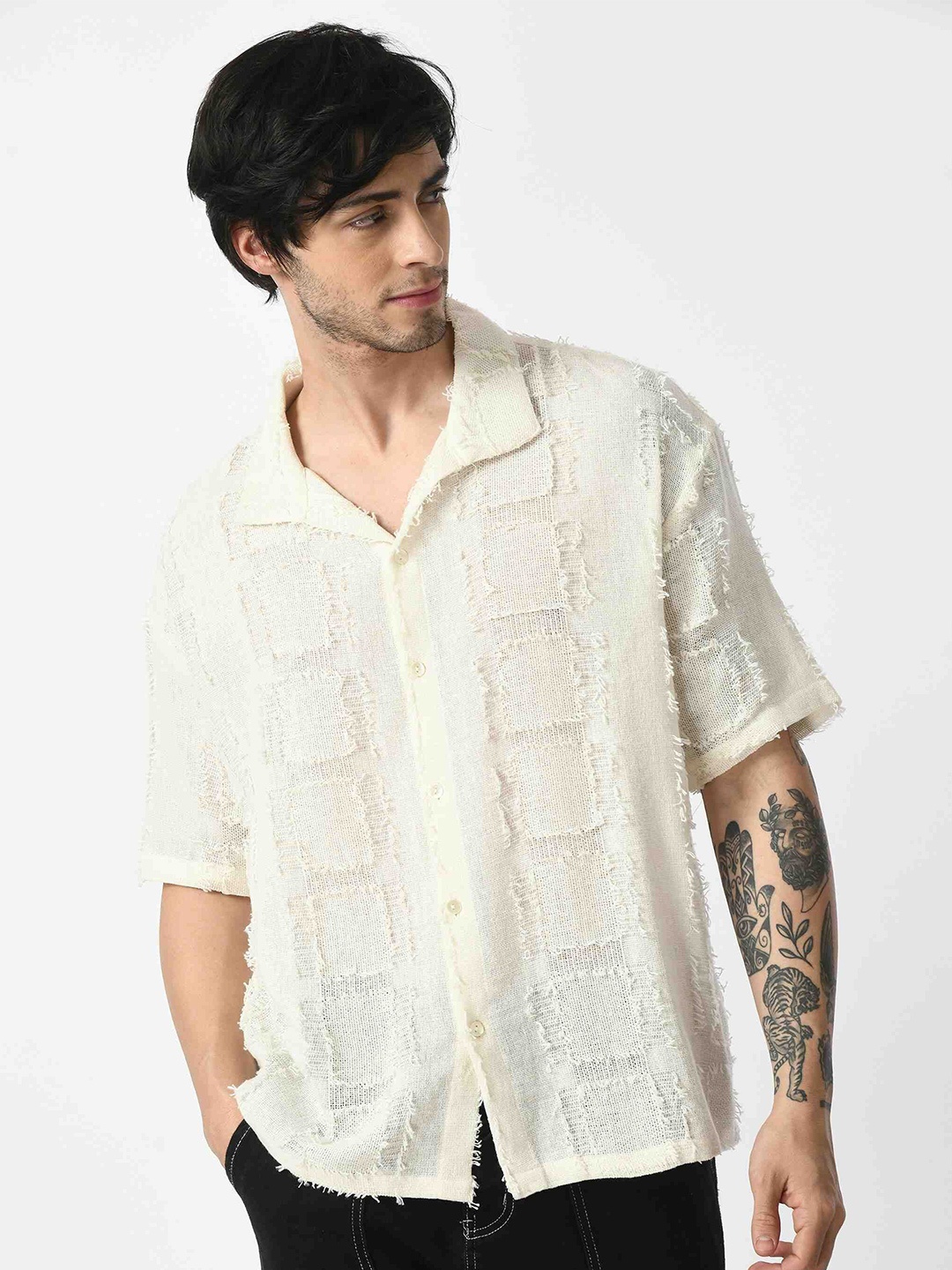 

KISSOSS Men Slim Fit Floral Opaque Printed Casual Shirt, White