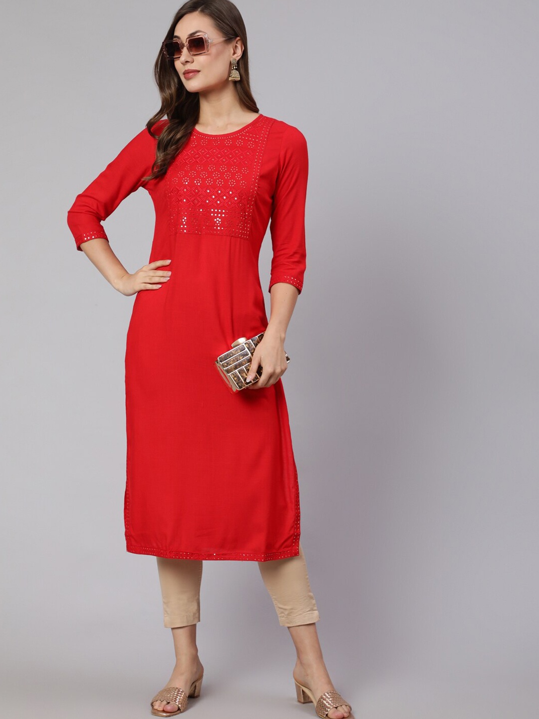 

STYLE ANGEL Geometric Yoke Design Sequined Straight Kurta, Red