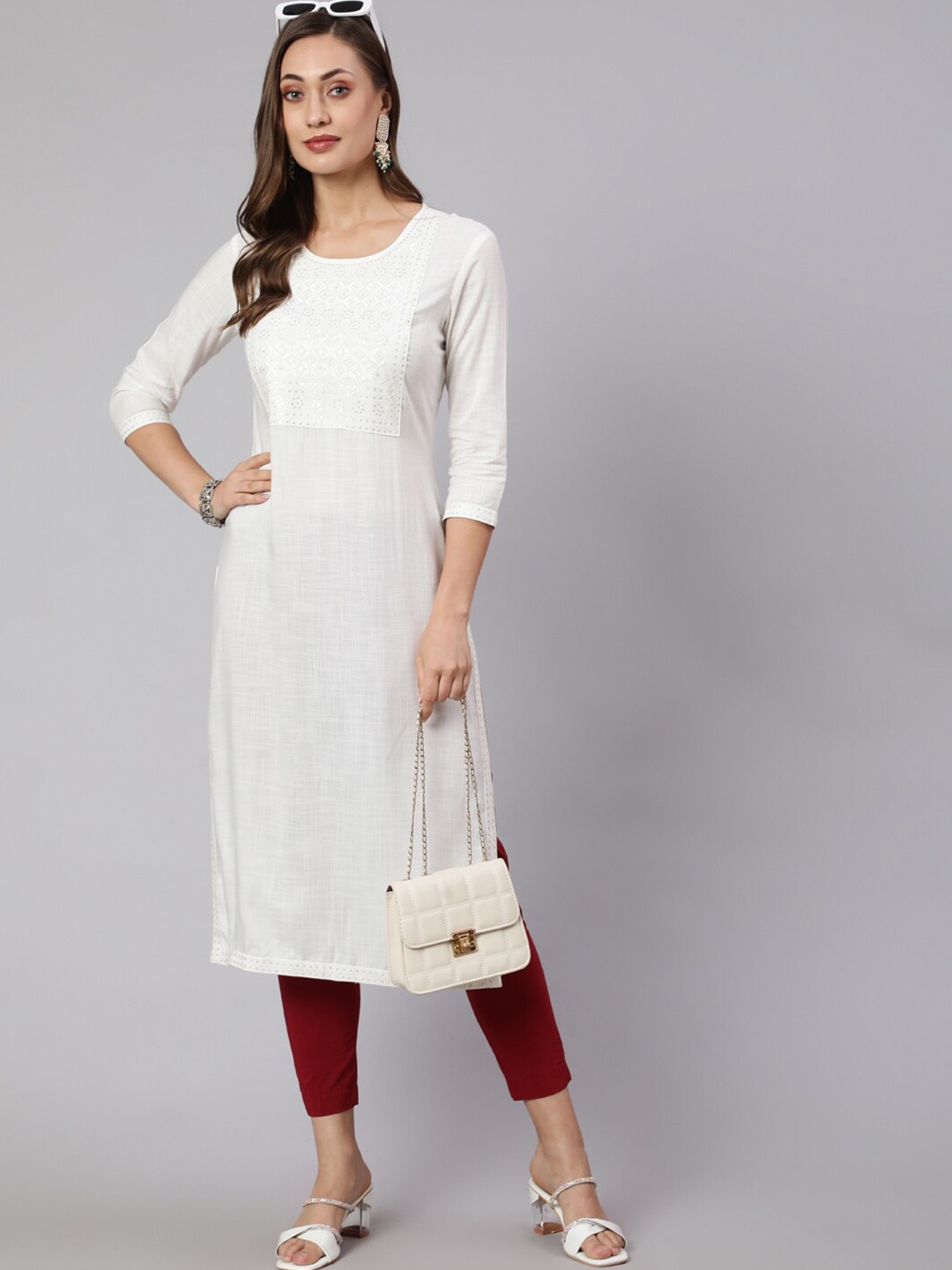 

STYLE ANGEL Yoke Design Three-Quarter Sleeves Round Neck Sequinned Kurta, White