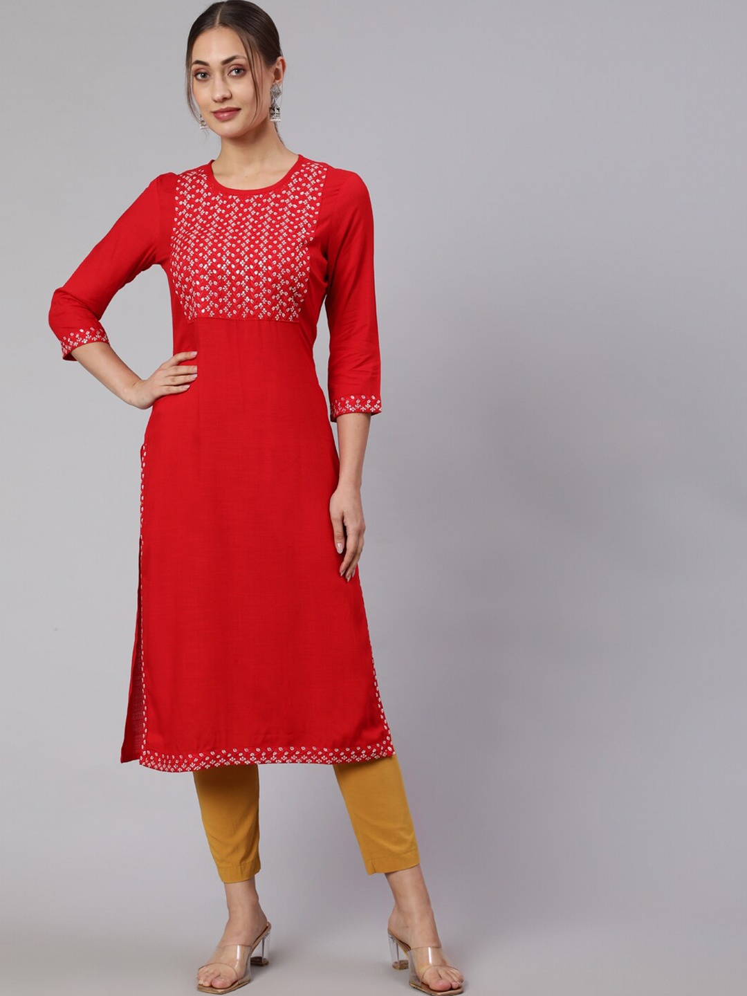 

STYLE ANGEL Floral Yoke Design Three-Quarter Sleeves Round Neck Thread Work Kurta, Red