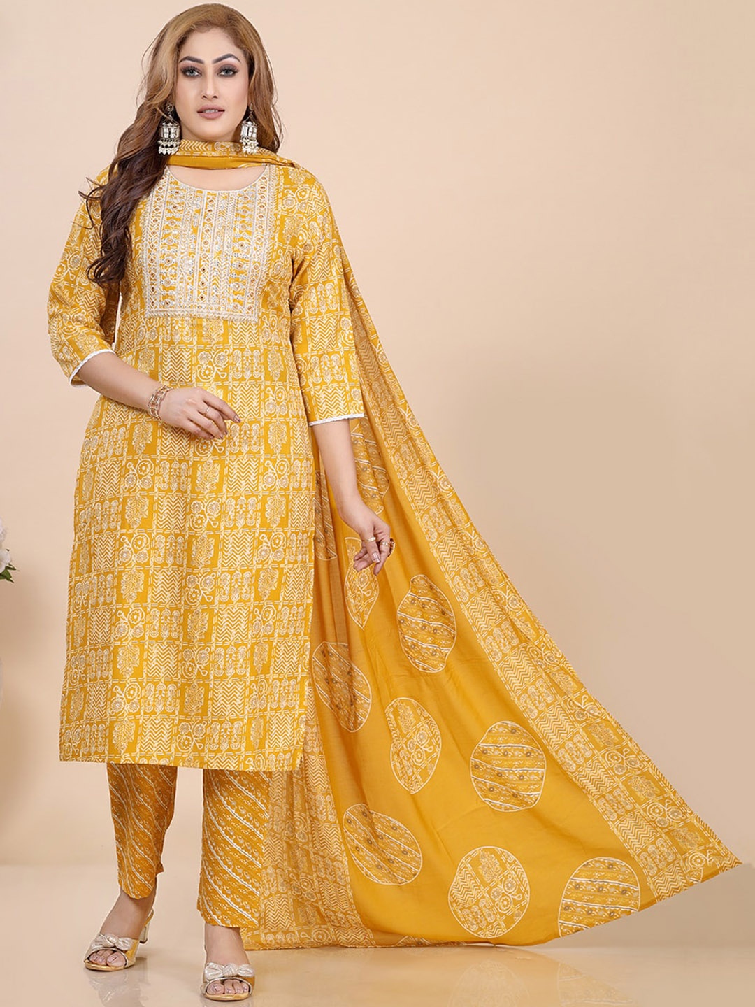 

Amchoor Geometric Printed Round Neck Thread Work Block Print Kurta with Trouser & Dupatta, Mustard