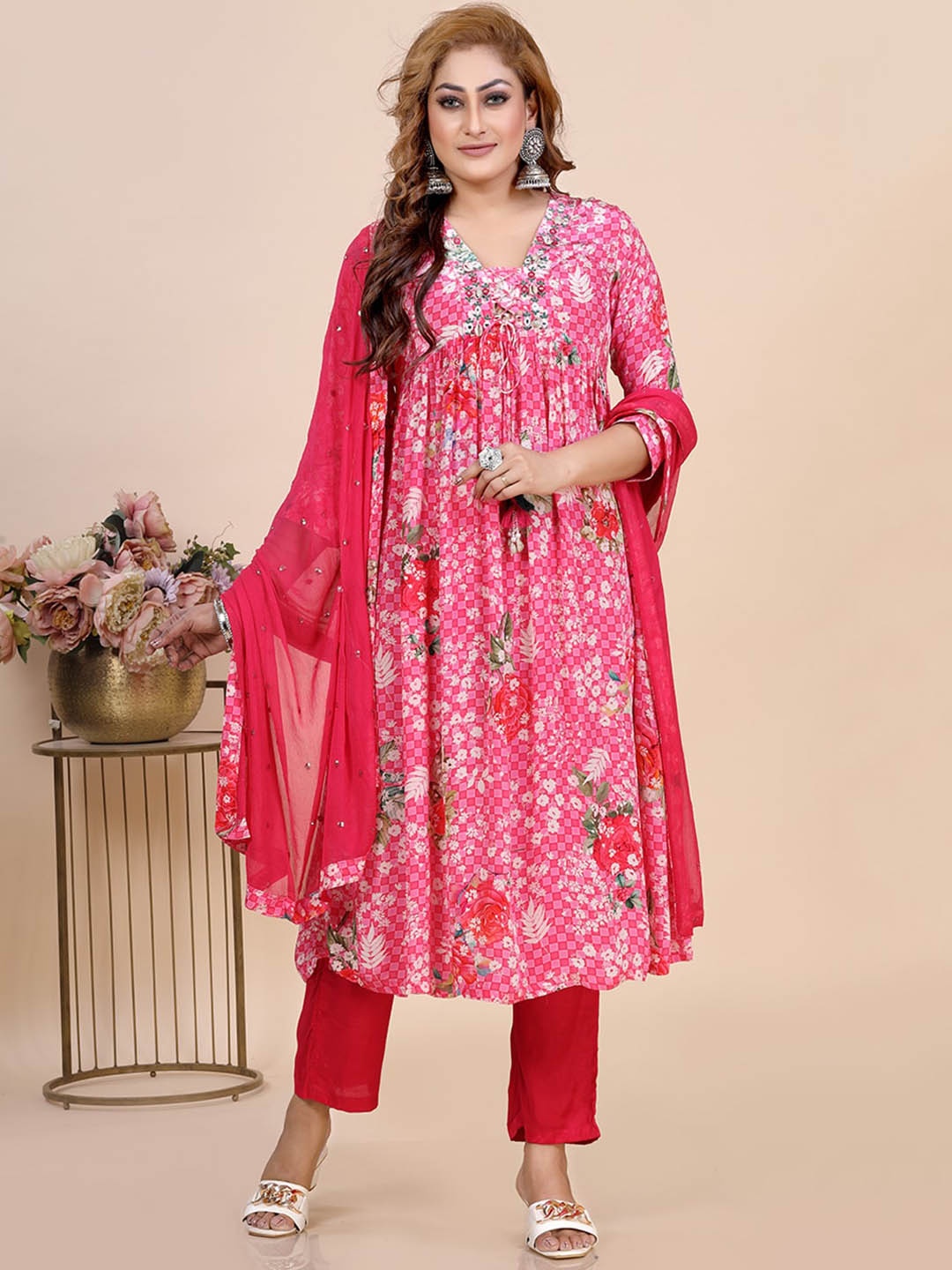 Amchoor Floral Printed Thread Work Empire Kurta with Trouser & Dupatta, Pink